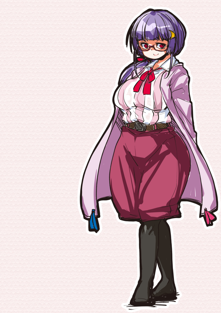 1girl adapted_costume belt blush bow breasts coat collared_shirt crescent crescent_hair_ornament curvy hair_ornament highres hiro_(h-net) large_breasts long_hair looking_at_viewer no_shoes pantyhose patchouli_knowledge plump purple_hair red_eyes shirt shorts smile solo striped striped_shirt touhou