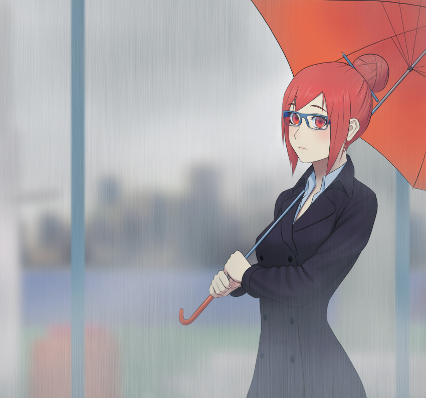 1girl bangs blue-framed_glasses blurry blurry_background carlo_montie collared_shirt formal glasses hair_bun holding original outdoors pant_suit rain red_eyes red_umbrella redhead shirt short_hair solo suit umbrella wet
