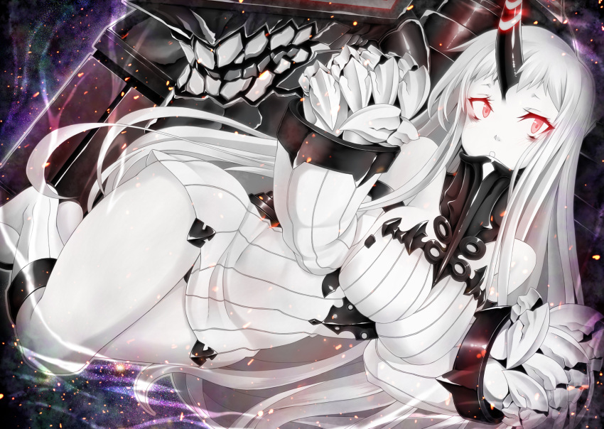 1girl boots breasts claws dress embers gekato glowing glowing_eyes highres horn kantai_collection large_breasts long_hair long_neck open_mouth red_eyes ribbed_dress seaport_hime shinkaisei-kan short_dress solo white_boots white_dress white_hair white_skin wide_hips