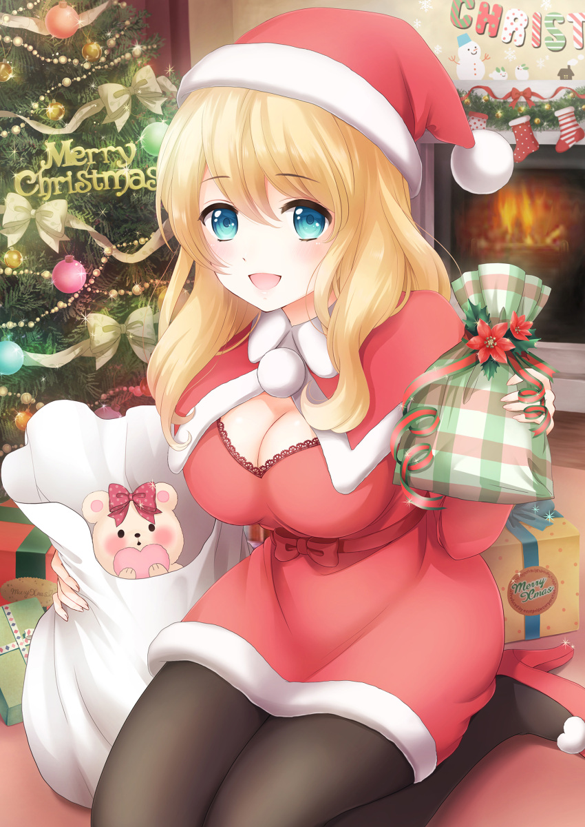 1girl :d black_legwear blonde_hair blue_eyes blush bow box breasts capelet christmas christmas_ornaments christmas_tree cleavage commentary_request fireplace fur_trim gift gift_bag gift_box hat high_heels highres kneeling long_hair long_sleeves looking_at_viewer merry_christmas nanairo_fuuka open_mouth original pantyhose red_shoes sack santa_costume santa_hat shoes smile snowman socks solo stuffed_animal stuffed_toy teddy_bear white_bow