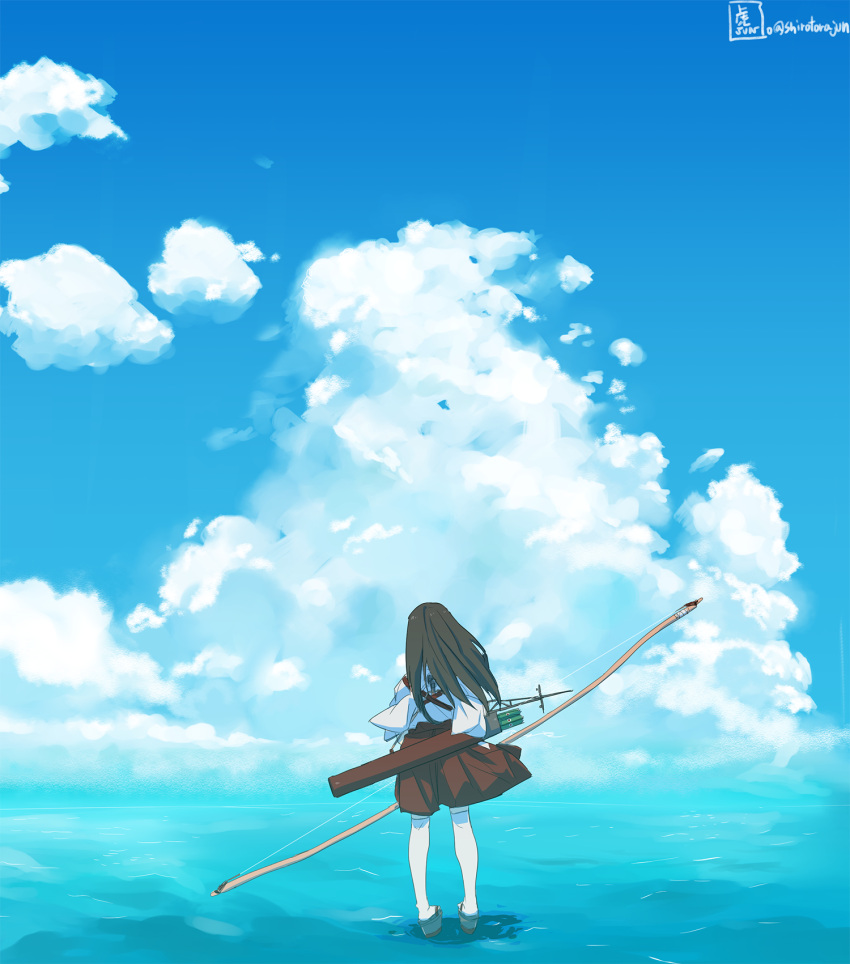 1girl akagi_(kantai_collection) blue_sky bow_(weapon) brown_hair clouds commentary_request from_behind hakama_skirt highres horizon japanese_clothes kantai_collection long_hair ocean sky solo thigh-highs tora_jun water weapon