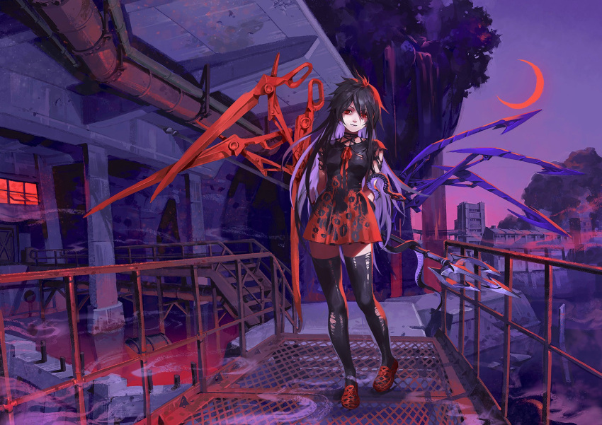 1girl arms_behind_back artist_request black_hair black_legwear building crescent_moon dress full_body highres houjuu_nue industrial long_hair looking_at_viewer mechanical_parts moon outdoors pipes polearm purple_sky railing red_eyes red_moon red_shoes ribbon scissor_blade scissors shoes short_dress smoke snake solo source_request spear stairs standing thigh-highs torn_leggings touhou trident weapon wings zettai_ryouiki