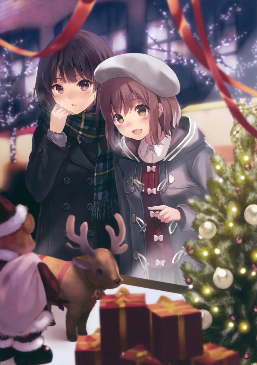 2girls :d absurdres bare_tree beret black_hair black_skirt blush bow box brown_eyes brown_hair christmas_lights christmas_ornaments christmas_tree coat collared_shirt fukahire_sanba gift gift_box hat highres multiple_girls open_clothes open_coat open_mouth original parted_lips pink_bow plaid plaid_scarf pleated_skirt pointing red_ribbon red_shirt ribbon santa_costume santa_hat scan scarf shirt skirt smile stuffed_animal stuffed_reindeer stuffed_toy teddy_bear tree violet_eyes white_shirt window wing_collar