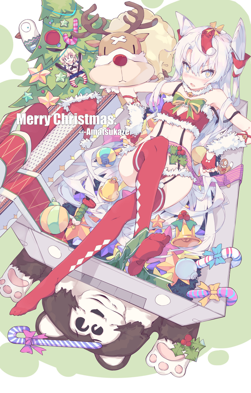 1girl absurdres amatsukaze_(kantai_collection) bell blue_eyes blush box candy candy_cane character_doll christmas christmas_ornaments christmas_stocking christmas_tree food gift gift_box highres kantai_collection litsvn long_hair looking_at_viewer lying on_back open_mouth red_legwear reindeer shimakaze_(kantai_collection) silver_hair solo thigh-highs twintails very_long_hair
