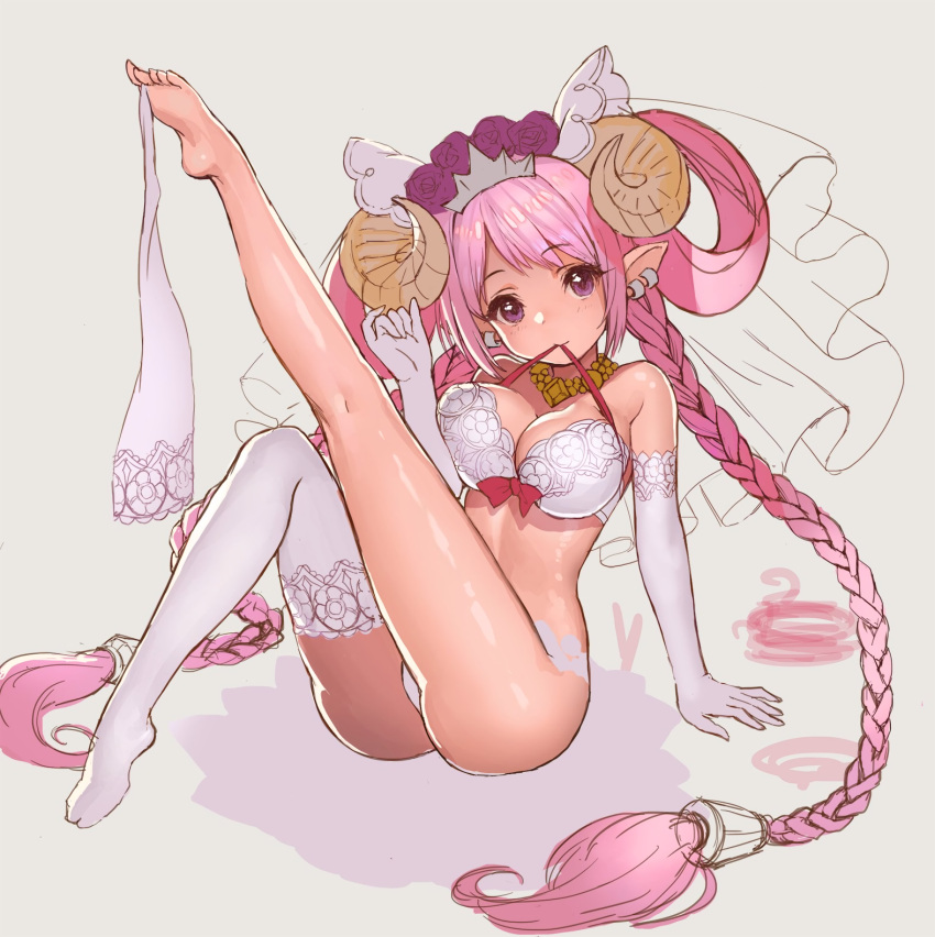 1girl arm_support baby-doll bra braid breasts cleavage copyright_request dark_skin ear_clip elbow_gloves flower full_body gloves head_tilt highres horns jewelry leg_lift long_hair mouth_hold necklace panties pink_hair pinup pointy_ears red_ribbon red_rose ribbon rose sheep_horns single_thighhigh sitting sketch solo strapless strapless_bra thigh-highs thighhighs_removed toe_hold twin_braids underwear underwear_only veil very_long_hair violet_eyes white_bra white_gloves white_legwear white_panties