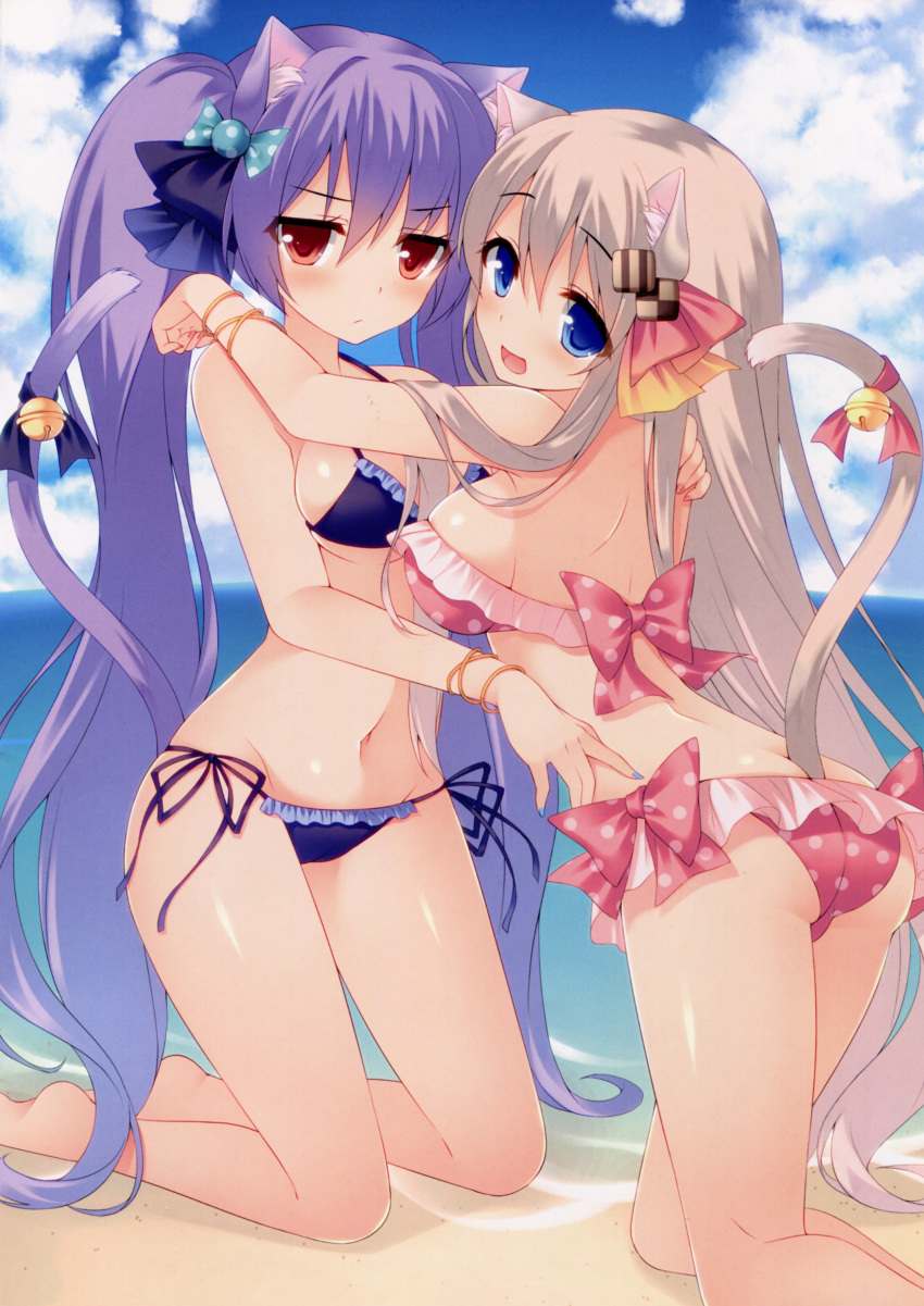 2girls :/ :d absurdres animal_ears barefoot beach bell bikini blue_eyes bow breasts brown_eyes cat_ears cat_tail checkerboard_cookie_hair_ornament clouds cookie_hair_ornament food_themed_hair_ornament frilled_bikini frills groin hair_bow hair_ornament hair_ribbon hairclip hand_on_another's_shoulder highres hug jingle_bell kneeling light_brown_hair long_hair looking_at_viewer miko_92 multiple_girls navel ocean open_mouth original outdoors purple_hair ribbon scan sky smile swimsuit tail tail_ribbon twintails very_long_hair water