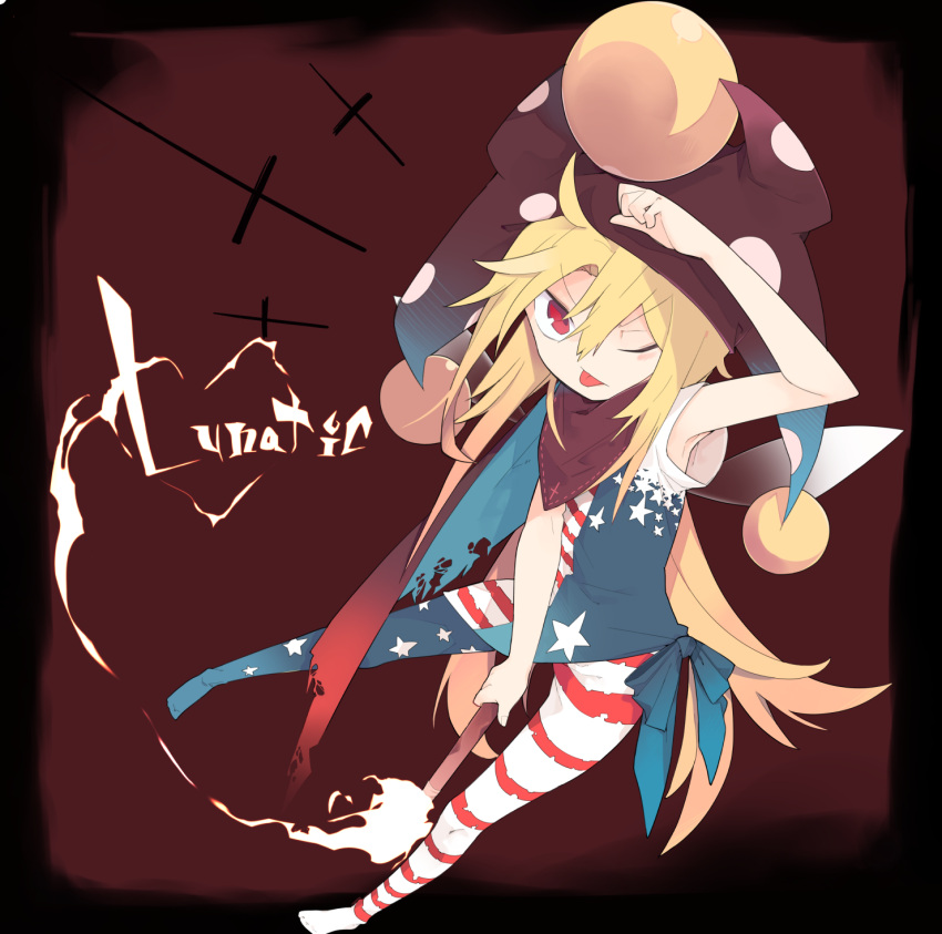1girl aki_maki_yuu american_flag_dress american_flag_legwear arm_up armpit_peek blonde_hair clownpiece dress english fairy_wings fire full_body hat highres jester_cap long_hair looking_at_viewer neck_ruff one_eye_closed pantyhose polka_dot red_eyes short_dress short_sleeves simple_background solo star striped tongue tongue_out torch touhou very_long_hair wings