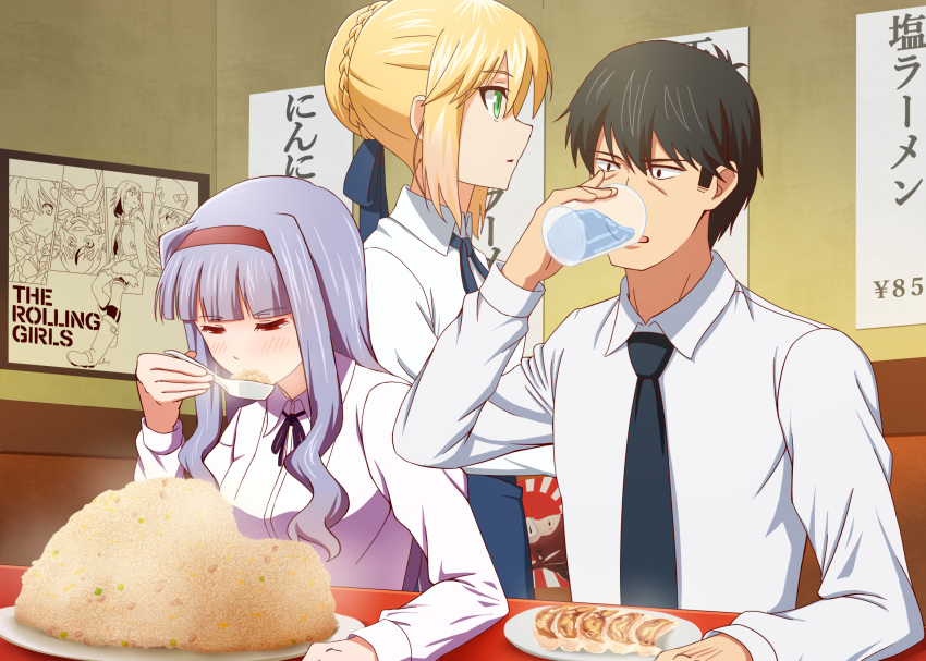 1boy 2girls black_hair blonde_hair blue_hair blue_ribbon crossover drinking dumpling eating fate/stay_night fate_(series) food fried_rice green_eyes hair_ribbon highres holding idolmaster idolmaster_cinderella_girls indoors jiaozi long_hair multiple_girls producer_(idolmaster_cinderella_girls_anime) red_eyes ribbon saber shijou_takane short_hair spoon takahirokun the_rolling_girls water