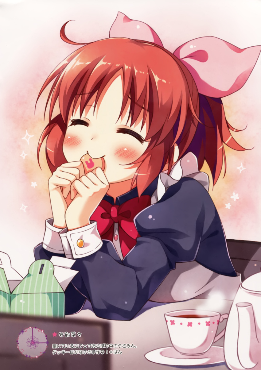1girl ^_^ abe_nana absurdres blush bow brown_hair chair closed_eyes cookie cup eating food hair_bow highres holding holding_food idolmaster idolmaster_cinderella_girls juliet_sleeves long_sleeves own_hands_together pan_(mimi) pink_bow ponytail puffy_sleeves scan sitting smile solo sparkle star steam tea teacup teapot