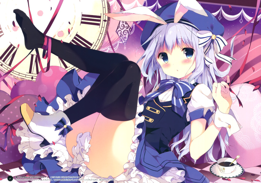 1girl absurdres animal_ears beret black_legwear blue_bow blue_bowtie blue_eyes blue_hat blush bow bowtie checkered checkered_floor cup full_body gochuumon_wa_usagi_desu_ka? hair_ornament hairclip hat heart heart_pillow high_heels highres huge_filesize kafuu_chino legs_up long_hair looking_at_viewer no_panties number page_number parted_lips petals pillow puffy_short_sleeves puffy_sleeves rabbit_ears red_ribbon ribbon roman_numerals saucer scan shiratama_(shiratamaco) short_sleeves silver_hair single_shoe solo striped striped_bow striped_bowtie thigh-highs vest wrist_cuffs x_hair_ornament