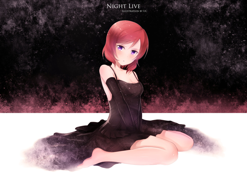 1girl artist_name bangs bare_shoulders between_legs black_dress blush breasts cleavage covering covering_crotch detached_sleeves dress english hand_between_legs hands_together head_tilt highres large_breasts love_live!_school_idol_project night night_sky nishikino_maki redhead short_hair sitting sky solo star_(sky) starry_sky text ulyssesd v_arms violet_eyes wariza