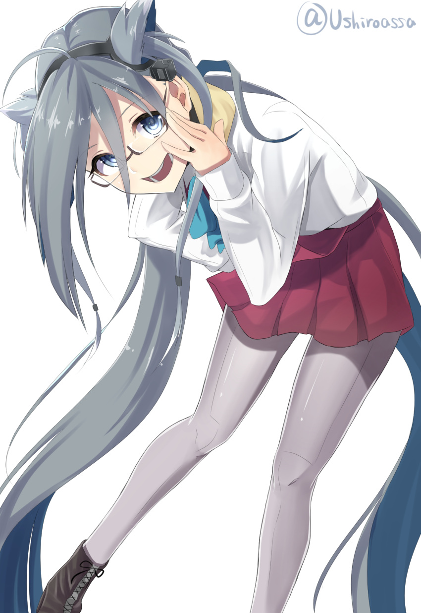 1girl adjusting_glasses alternate_hairstyle bespectacled blue_eyes glasses grey_hair highres kantai_collection kiyoshimo_(kantai_collection) leaning_forward long_hair looking_at_viewer miniskirt open_mouth pantyhose school_uniform semi-rimless_glasses shirousa simple_background skirt solo twitter_username very_long_hair white_background