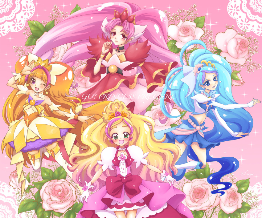 4girls :d ;d absurdres akagi_towa amanogawa_kirara arm_warmers bangs belt blonde_hair blue_eyes blue_hair blue_skirt blush boots bow bracelet brown_hair copyright_name crop_top cure_flora cure_mermaid cure_scarlet cure_twinkle detached_sleeves earrings eyebrows flower flower_earrings flower_necklace gloves go!_princess_precure gradient_hair green_eyes haruno_haruka highres hitsuji_(sunny_side_up!) jewelry kaidou_minami knee_boots long_hair looking_at_viewer low-tied_long_hair magical_girl midriff multicolored_hair multiple_girls navel necklace one_eye_closed open_mouth parted_bangs pink_background pink_bow pink_hair pink_skirt pointy_ears precure purple_hair quad_tails red_eyes redhead skirt smile sparkle star star_earrings streaked_hair thick_eyebrows thigh-highs thigh_boots twintails two-tone_hair violet_eyes white_boots white_gloves yellow_skirt