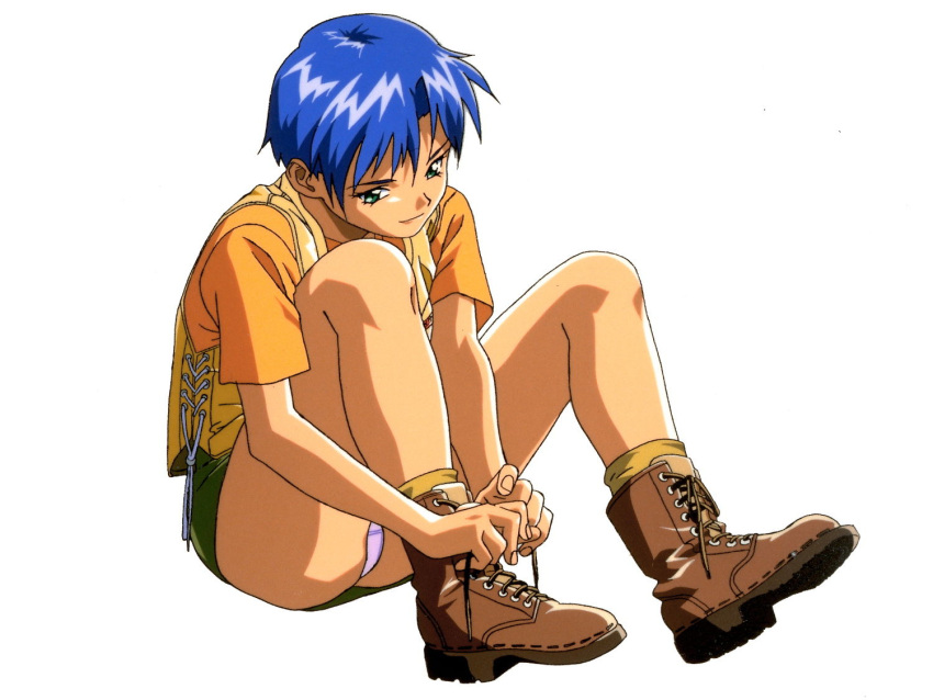 1girl blue_hair boots full_body green_eyes panties shoes short_hair short_sleeves simple_background sitting solo tying_shoes underwear white_background yamada_masaki