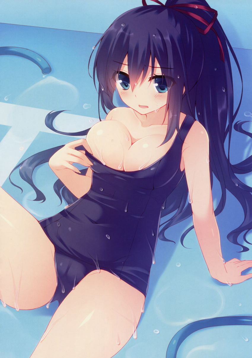 1girl absurdres arm_support blue_eyes blue_hair blush breasts bursting_breasts cleavage collarbone covered_navel hair_ribbon highres hose long_hair miko_92 old_school_swimsuit one-piece_swimsuit open_mouth original ponytail red_ribbon ribbon scan school_swimsuit sitting solo strap_slip swimsuit water