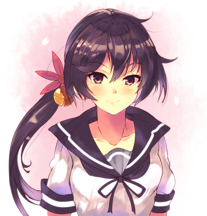 1girl akebono_(kantai_collection) asymmetrical_hair bad_id bell blush closed_mouth collarbone eyebrows eyebrows_visible_through_hair flower hair_bell hair_flower hair_ornament highres jingle_bell kantai_collection long_hair looking_at_viewer mizuyoukan_(mikususannda) pink_background pink_flower portrait purple_hair school_uniform serafuku shirt short_sleeves side_ponytail simple_background sleeve_cuffs smile solo upper_body violet_eyes white_shirt