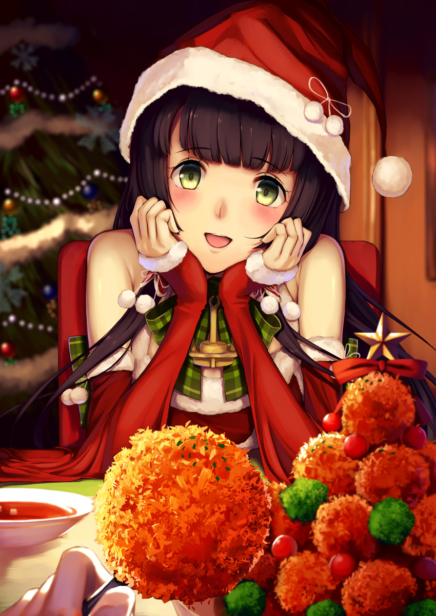 1girl :d absurdres anchor_choker bangs bare_shoulders black_hair blurry blush bow chair christmas christmas_tree detached_sleeves eyebrows_visible_through_hair food food_request fur_trim green_bow green_eyes hair_ornament hands_on_own_cheeks hands_on_own_face hat head_rest highres holding indoors kantai_collection kirieroido_iii long_hair looking_at_viewer mizuho_(kantai_collection) open_mouth out_of_frame plaid plaid_bow plate pom_pom_(clothes) pov pov_hands red_hat red_ribbon restaurant ribbon santa_costume santa_hat smile solo_focus soup star tongue upper_body very_long_hair wall