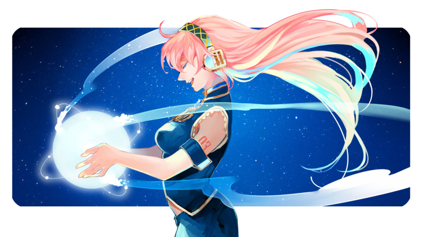 1girl armband atom closed_eyes from_side headset holding long_hair megurine_luka open_mouth pink_hair skirt sky smile solo star_(sky) starry_sky tattoo u-min vest vocaloid