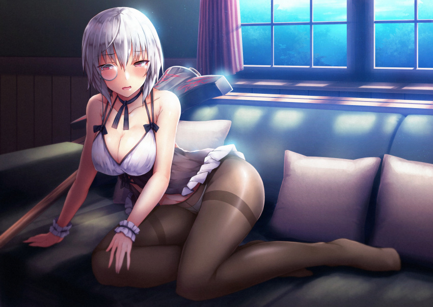 1girl absurdres babydoll blush breasts crotch_seam garters highres ice_axe_(ole_tower) monocle official_art ole_tower panties panties_under_pantyhose pantyhose red_eyes short_hair silver_hair solo thighband_pantyhose underwear wavy_mouth window wrist_cuffs