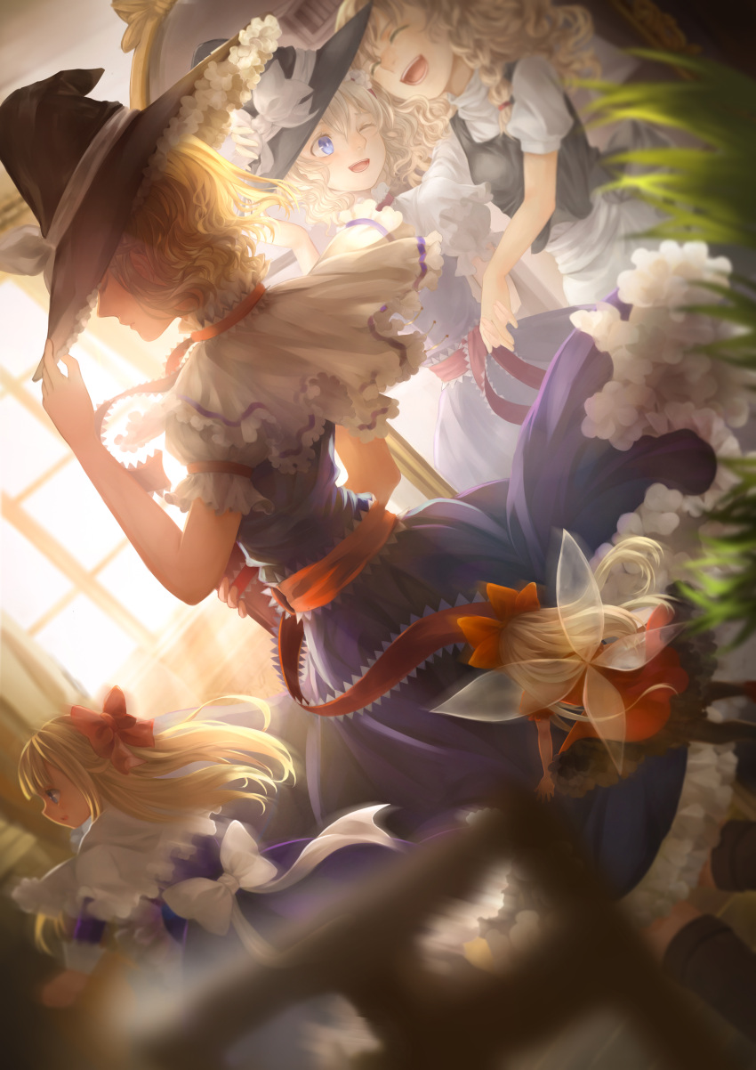 1girl absurdres alice_margatroid alternate_headwear apron blonde_hair blue_dress blue_eyes blurry braid capelet closed_eyes commentary doll dress dutch_angle fairy_wings flower from_behind hat hat_ribbon highres holding_hands hourai_doll indoors jyuui kirisame_marisa long_hair long_sleeves looking_at_another md5_mismatch open_mouth profile puffy_sleeves ribbon sash shanghai_doll shirt short_hair short_sleeves side_braid single_braid smile solo touhou waist_apron window wings witch_hat