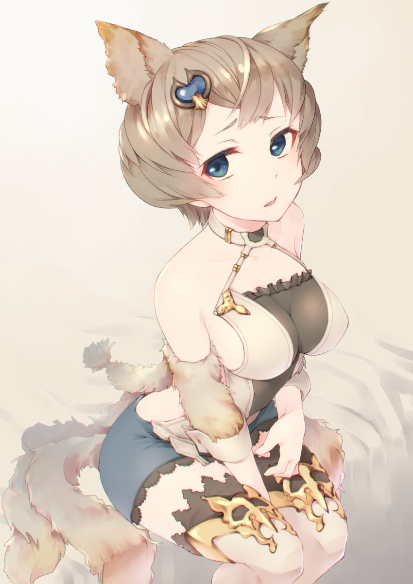 1girl animal_ears arm_warmers backless_outfit bare_shoulders bed bed_sheet between_legs blue_eyes blue_shorts breasts criss-cross_halter detached_sleeves from_above frostone granblue_fantasy hair_ornament halter_top halterneck hand_between_legs hand_on_leg highres large_breasts light_brown_hair looking_at_viewer multiple_tails short_hair shorts sideboob sitting solo stella_(granblue_fantasy) tail thigh-highs white_legwear