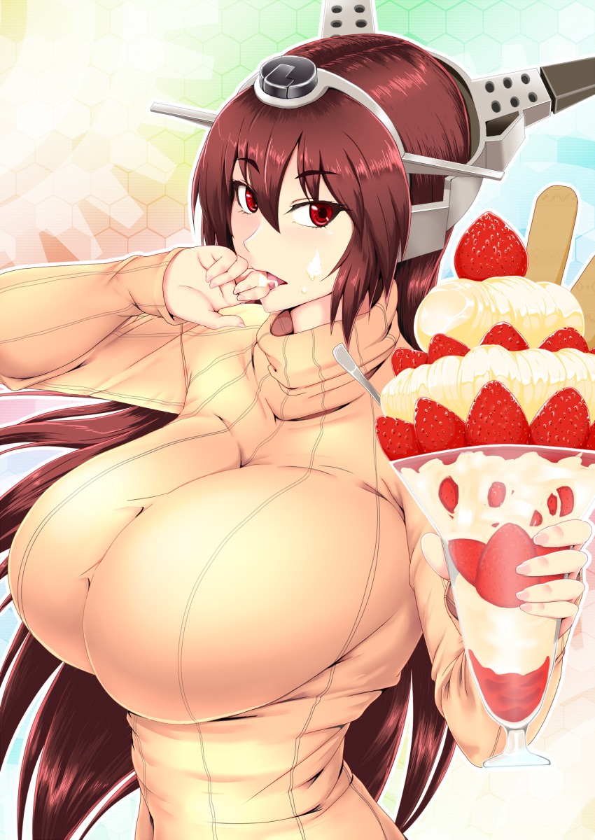 1girl breasts brown_hair dessert finger_licking food fruit highres huge_breasts ice_cream icing kantai_collection licking long_hair looking_at_viewer nagato_(kantai_collection) oisinbou raised_eyebrows red_eyes ribbed_sweater solo strawberry sundae sweater