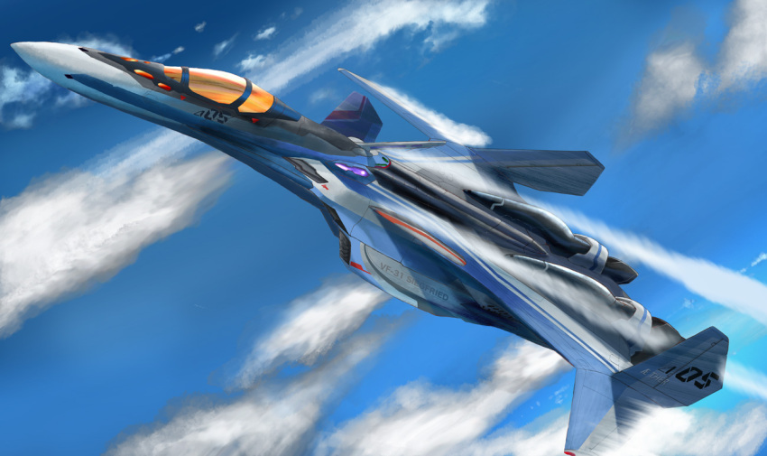 aircraft airplane canards clouds condensation_trail flying i.t.o_daynamics macross macross_delta mecha realistic science_fiction variable_fighter vf-31