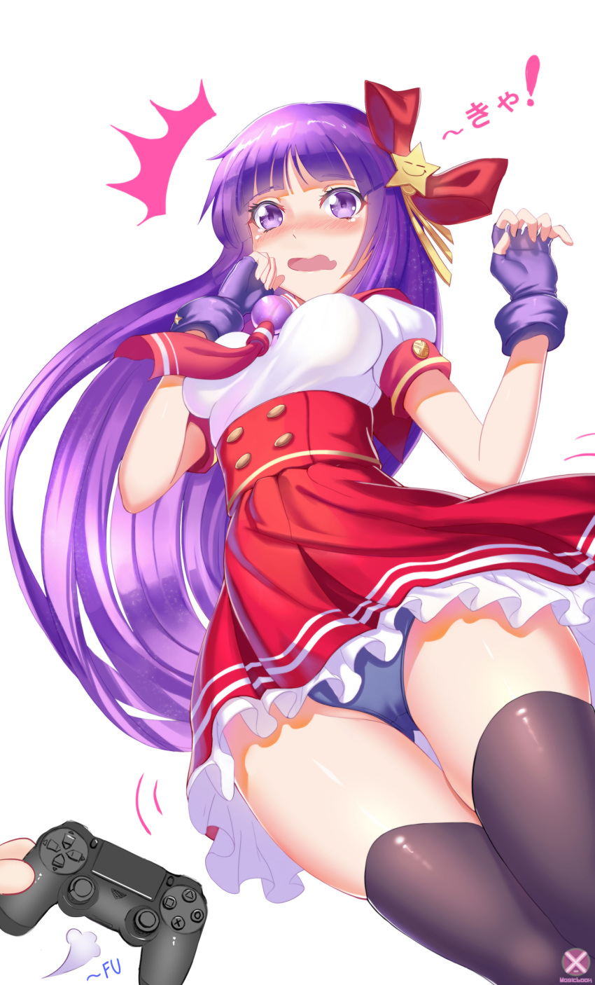 1girl absurdres asamiya_athena athena_(series) bangs black_legwear blue_panties blunt_bangs blush breasts controller fingerless_gloves game_controller gloves highres long_hair looking_at_viewer mahousho open_mouth panties pov purple_gloves purple_hair simple_background solo_focus tears thigh-highs underwear upskirt violet_eyes white_background