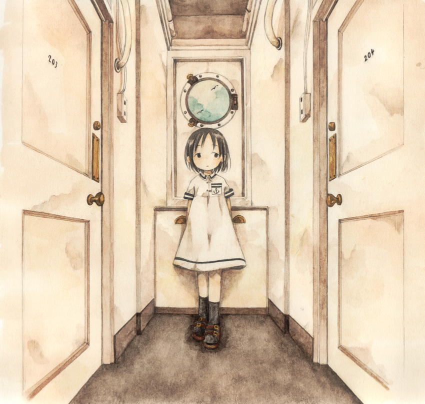 1girl absurdres arms_behind_back black_hair child chyoma dress highres indoors leaning_back looking_to_the_side muted_color original sailor_dress ship short_hair solo traditional_media watercolor_(medium) watercraft