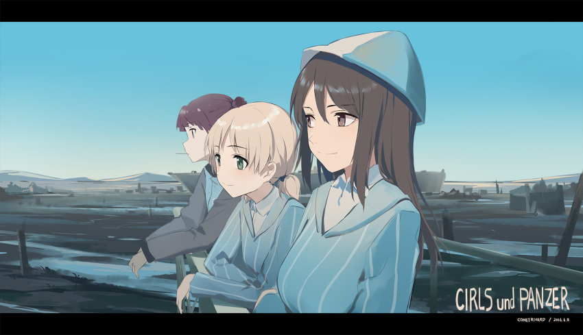 3girls aki_(girls_und_panzer) black_hair blonde_hair blue_sky brown_hair girls_und_panzer hat highres huanxiang_heitu landscape letterboxed long_hair long_sleeves low_twintails mika_(girls_und_panzer) mikko_(girls_und_panzer) multiple_girls school_uniform sky smile twintails