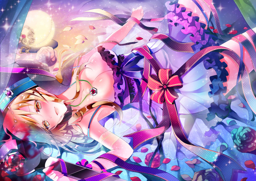 1girl absurdres bare_shoulders blush breasts brown_eyes cleavage cross crystal_ball flower habit highres jewelry long_hair looking_at_viewer necklace nightgown official_art offset_spanner_(ole_tower) ole_tower open_mouth petals ribbon rose rose_petals smile solo