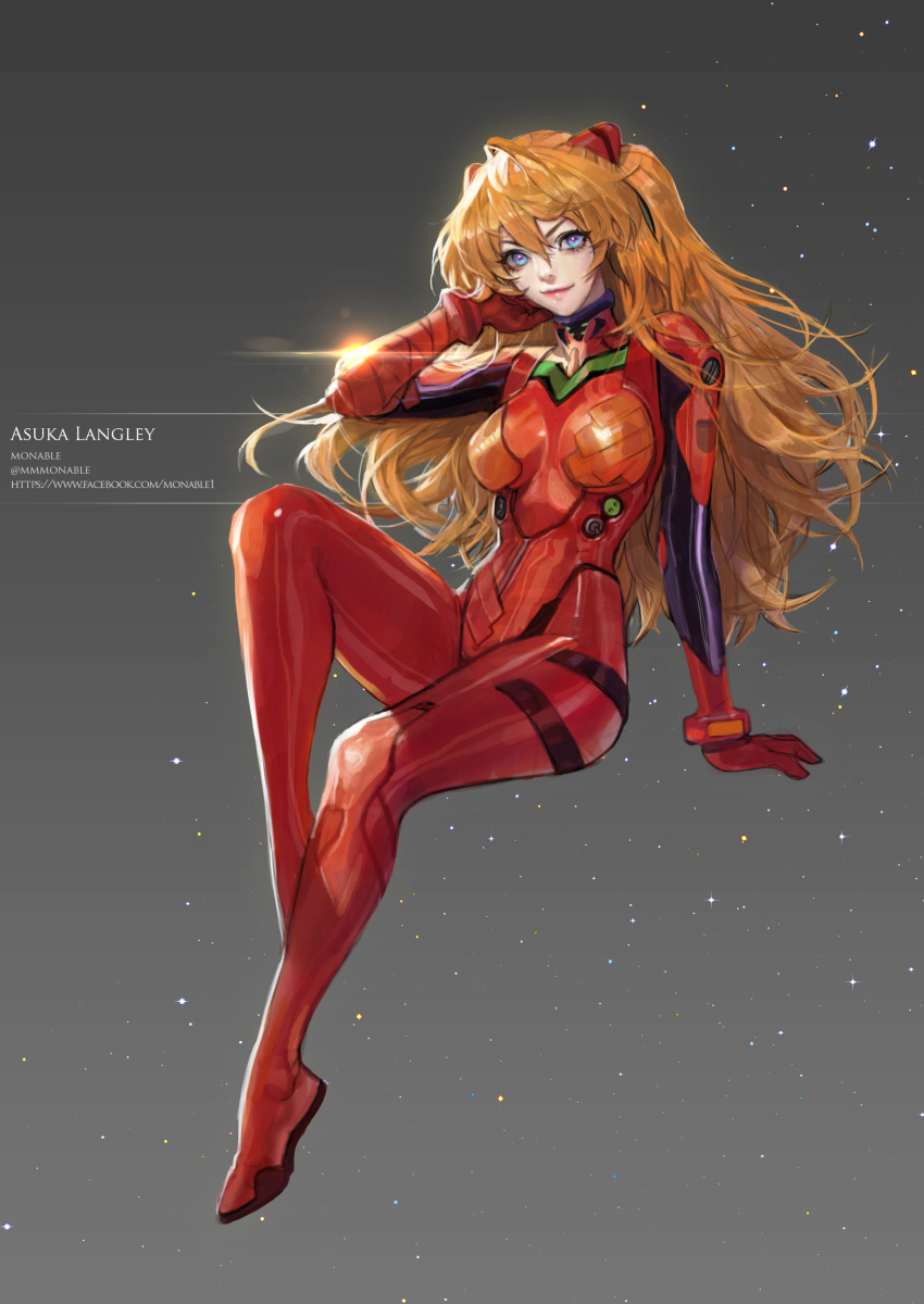 1girl absurdres adjusting_hair arm_support bangs blue_eyes bodysuit bracer breasts breasts_apart closed_mouth evangelion:_3.0_you_can_(not)_redo from_side full_body gloves grey_background hair_between_eyes hand_up headgear highres knee_up lens_flare light_particles light_smile lips long_hair looking_at_viewer neon_genesis_evangelion orange_hair pilot_suit plugsuit rebuild_of_evangelion shikinami_asuka_langley simple_background sitting smile solo souryuu_asuka_langley sparkle tape thighs turtleneck twitter_username very_long_hair watermark web_address wonst92