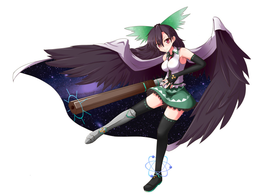 1girl arm_cannon armor armored_boots armpits bird_wings black_gloves black_hair black_legwear black_wings boots bow cape elbow_gloves fingerless_gloves full_body gloves hair_bow highres looking_at_viewer miniskirt mono_(mono60) red_eyes reiuji_utsuho simple_background skirt sleeveless solo thigh-highs third_eye touhou transparent_background weapon wings zettai_ryouiki