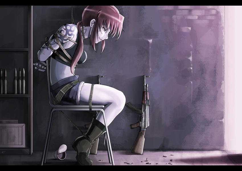 1girl ak-47 arms_behind_back assault_rifle bdsm black_lagoon bondage bound brown_eyes brown_hair can dark denim denim_shorts fingerless_gloves from_side gloves gun head_down letterboxed long_hair midriff ponytail restrained revy_(black_lagoon) rifle rope sharpffffff shorts sitting solo tank_top tattoo tied_up weapon