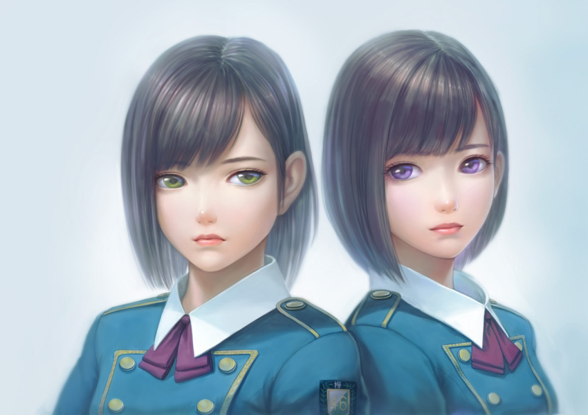 2girls badge bangs black_hair buttons closed_mouth cravat eyelashes gradient gradient_background green_eyes group_name keyakizaka46 light_frown light_smile looking_at_viewer looking_to_the_side multiple_girls number real_life real_life_insert shida_manaka side-by-side swept_bangs uniform upper_body violet_eyes watanabe_risa_(idol) zhenlin
