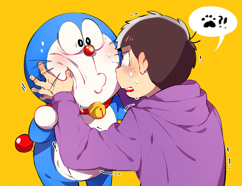 !? 2boys back bell bell_collar black_eyes blush collar confused crossover doraemon doraemon_(character) hand_on_another's_cheek hand_on_another's_face hood hood_down hoodie jingle_bell looking_at_another male_focus matsuno_ichimatsu motion_lines multiple_boys o2_(o2mm) osomatsu-kun osomatsu-san paw_print robot simple_background speech_bubble trembling yellow_background