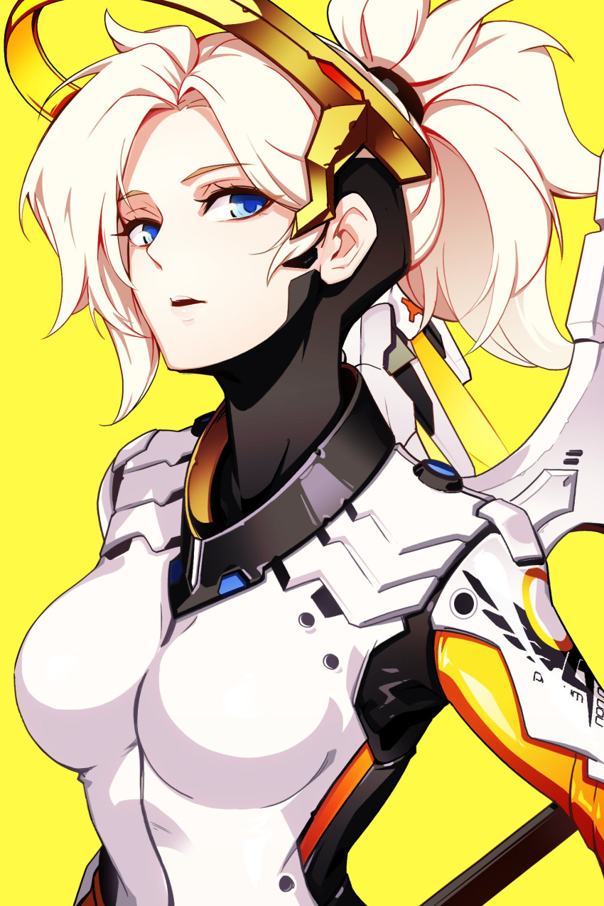1girl blue_eyes bodysuit breasts highres hwansang looking_at_viewer mechanical_halo mechanical_wings mercy_(overwatch) overwatch parted_lips ponytail solo teeth white_hair wings yellow_background