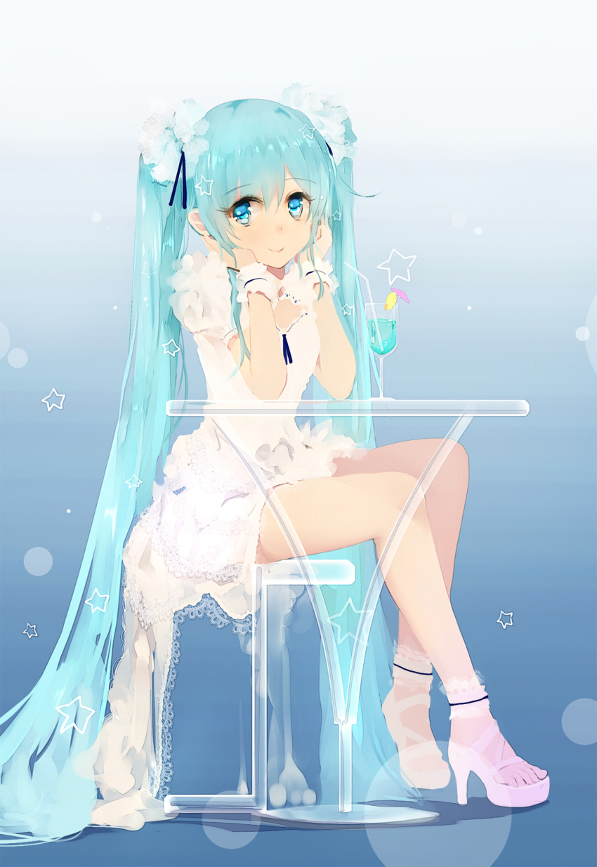 1girl aqua_eyes aqua_hair bba1985 blush chair chin_rest commentary_request dress drink drinking_straw full_body hatsune_miku high_heels highres long_hair looking_at_viewer revision sitting smile solo stool table twintails very_long_hair vocaloid white_dress