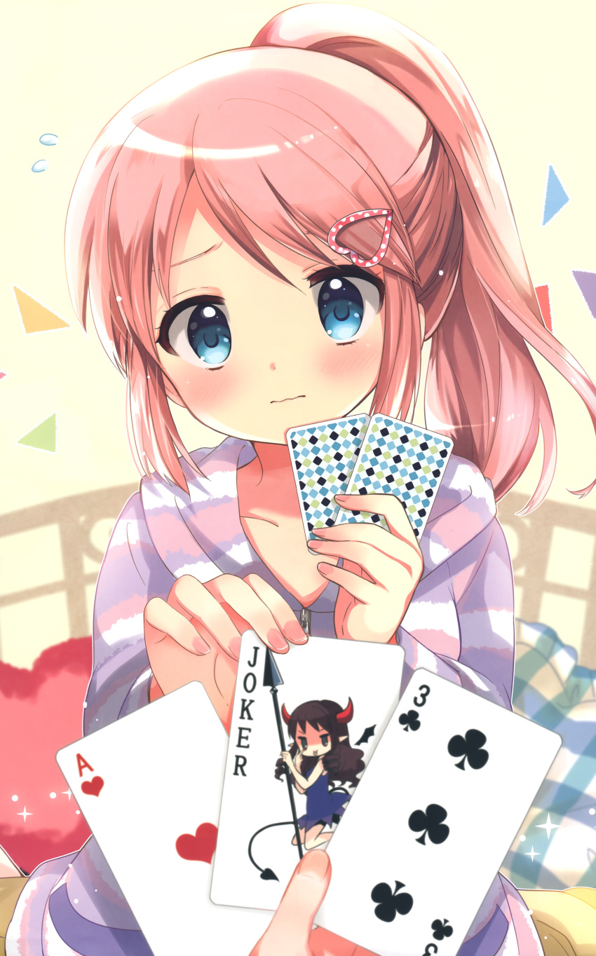 1girl absurdres ace akanbe bangs blue_dress blue_eyes blush brown_hair card closed_mouth clubs_(playing_card) collarbone copyright_request cushion demon_tail dress drill_hair fingernails flying_sweatdrops green_eyes hair_ornament half_updo hara_yui head_tilt heart_hair_ornament highres holding hood hooded_jacket horns huge_filesize jacket jitome joker loungewear number old_maid playing_card polearm ponytail pov_hands scan sidelocks silhouette solo_focus sparkle spear striped_hoodie striped_jacket swept_bangs tail tongue tongue_out wavy_mouth weapon