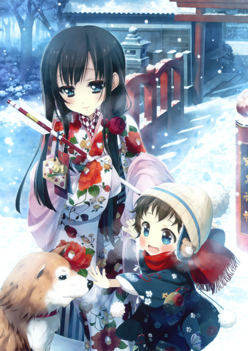 2girls :d absurdres arrow beanie bell black_hair blue_eyes blush brown_hair building bush closed_mouth collar dog ema floral_print flower hair_flower hair_ornament hamaya hat highres holding huge_filesize japanese_clothes jingle_bell katagiri_hinata kimono long_hair looking_at_another multiple_girls open_mouth original outdoors outstretched_arm reaching_out red_rose red_scarf rose scan scarf short_hair silhouette sleeves_past_wrists smile snow snowing standing torii tree very_long_hair
