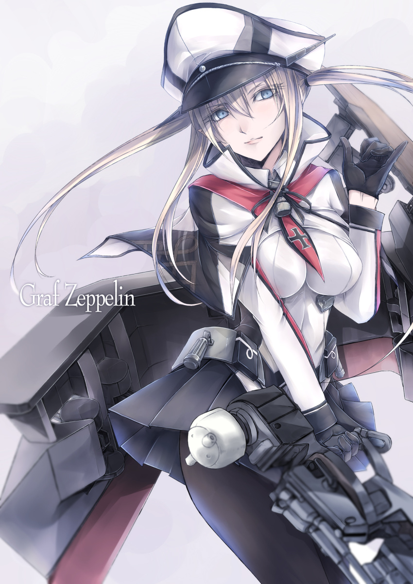 1girl anchor_symbol black_gloves blonde_hair blue_eyes capelet celtic_knot collared_shirt futami_kito gloves graf_zeppelin_(kantai_collection) hat highres iron_cross kantai_collection mecha_musume military military_uniform necktie pantyhose peaked_cap pleated_skirt shirt skirt solo twintails uniform white_hat white_shirt