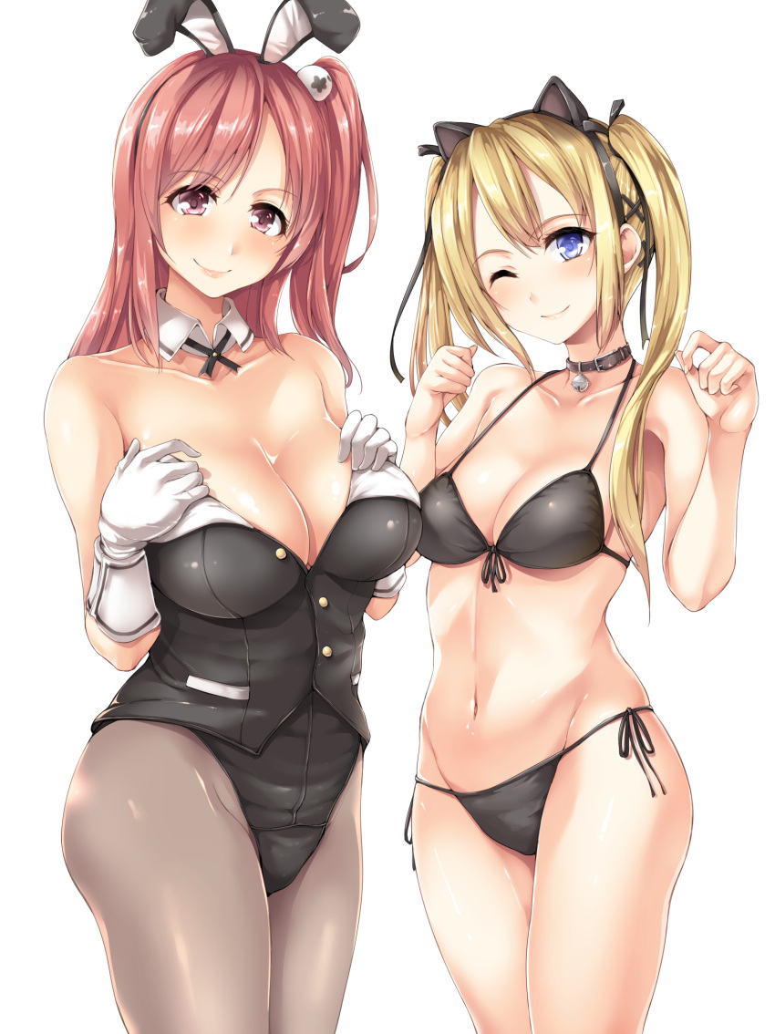 2girls ;) alternate_costume animal_ears bangs bare_shoulders bell bell_collar belt bikini black_bikini blonde_hair blue_eyes blush breast_suppress breasts bunny_girl bunnysuit buttons cat_ears cleavage closed_mouth collar collarbone cowboy_shot dead_or_alive detached_collar eyebrows eyebrows_visible_through_hair fake_animal_ears front-tie_bikini front-tie_top gloves grey_legwear groin hair_iron hair_ribbon hairband halterneck hands_on_breasts head_tilt highres honoka_(doa) jingle_bell large_breasts long_hair looking_at_viewer marie_rose multiple_girls navel one_side_up pantyhose pink_hair pocket rabbit_ears ribbon shiny shiny_clothes side-tie_bikini simple_background smile sphere stomach strapless string_bikini swimsuit tachibana_omina two_side_up unbuttoned violet_eyes white_background white_gloves wink wrist_cuffs