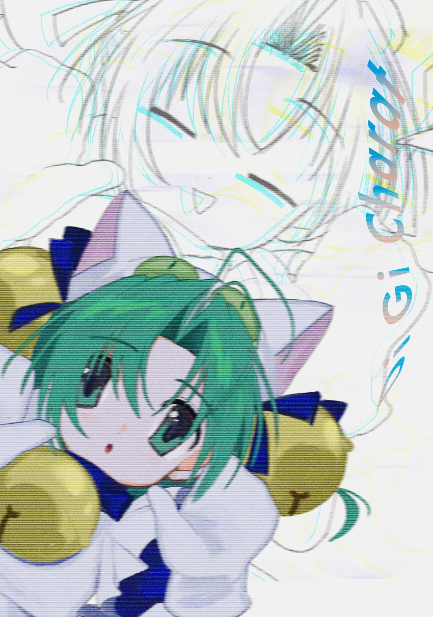 1girl :o animal_hat antenna_hair apron bangs bell blue_dress blue_ribbon cat_hat copyright_name dejiko di_gi_charat dress dutch_angle frilled_apron frills green_eyes green_hair hair_bell hair_ornament hair_ribbon hands_up hat highres jingle_bell looking_at_viewer maid_apron multiple_views open_hands open_mouth parted_bangs partially_colored pepeppepe101 raised_eyebrows ribbon scanlines short_hair smile upper_body white_background white_mittens