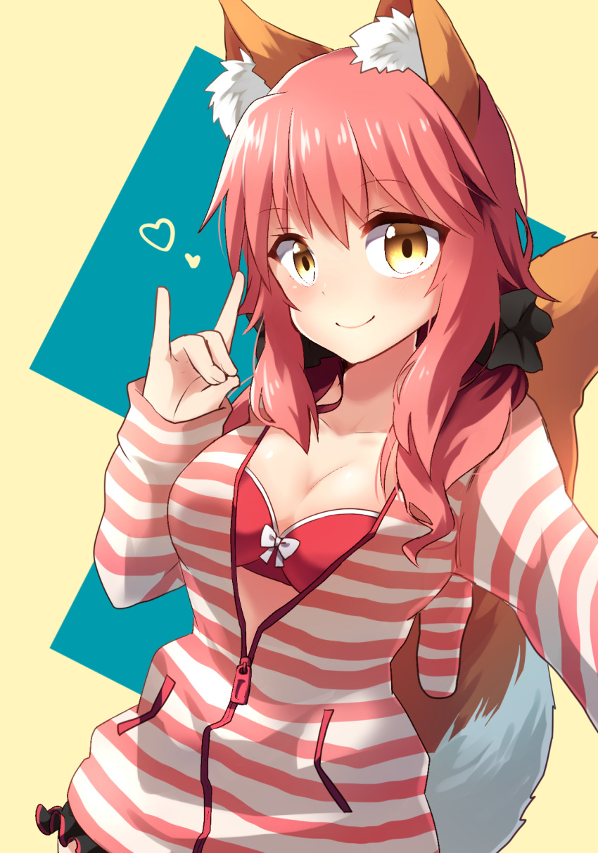 1girl animal_ears bra breasts caster_(fate/extra) cleavage fate/extra fate/grand_order fate/stay_night fate_(series) fox_ears fox_tail hair_ribbon heart highres ichiren_namiro large_breasts light_smile looking_at_viewer open_clothes open_shirt pink_bra pink_hair ribbon shirt solo tail underwear yellow_eyes