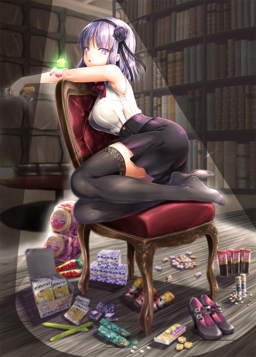 1girl :o alto_seneka bangs black_legwear black_ribbon black_rose black_shoes black_skirt blue_eyes bookshelf box breasts can candy candy_ring chair chocolate cravat dagashi_kashi dress_shirt eyebrows eyebrows_visible_through_hair flower food hair_flower hair_ornament hair_ribbon hairband high-waist_skirt high_heels highres holding holding_food indoors jewelry lace lace-trimmed_thighhighs large_breasts lens_flare looking_at_viewer miniskirt nail_polish no_shoes outstretched_arm purple_hair red_nails ribbon ring ringed_eyes rose shidare_hotaru shirt shoes shoes_removed short_hair sitting sitting_on_chair skirt sleeveless sleeveless_shirt solo sparkle stage_lights sweets table thigh-highs umaibou white_shirt wooden_floor yokozuwari