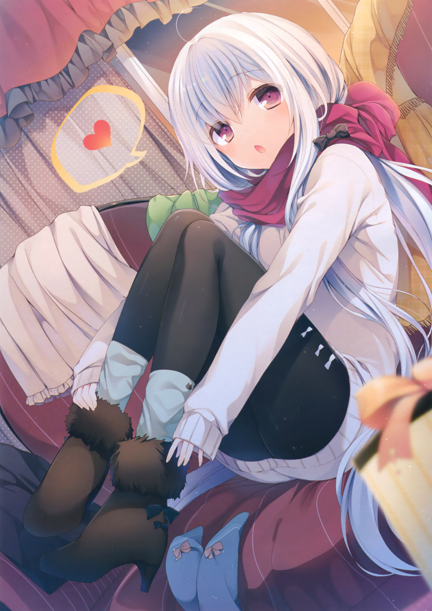1girl absurdres ahoge black_legwear blue_hair blurry boots box brown_boots chestnut_mouth couch depth_of_field dress dutch_angle frills fur_trim gift gift_box heart high_heels highres komeshiro_kasu long_hair open_mouth original outstretched_arms pantyhose red_scarf scan scarf sleeves_past_wrists socks_removed solo spoken_heart sweater sweater_dress very_long_hair window
