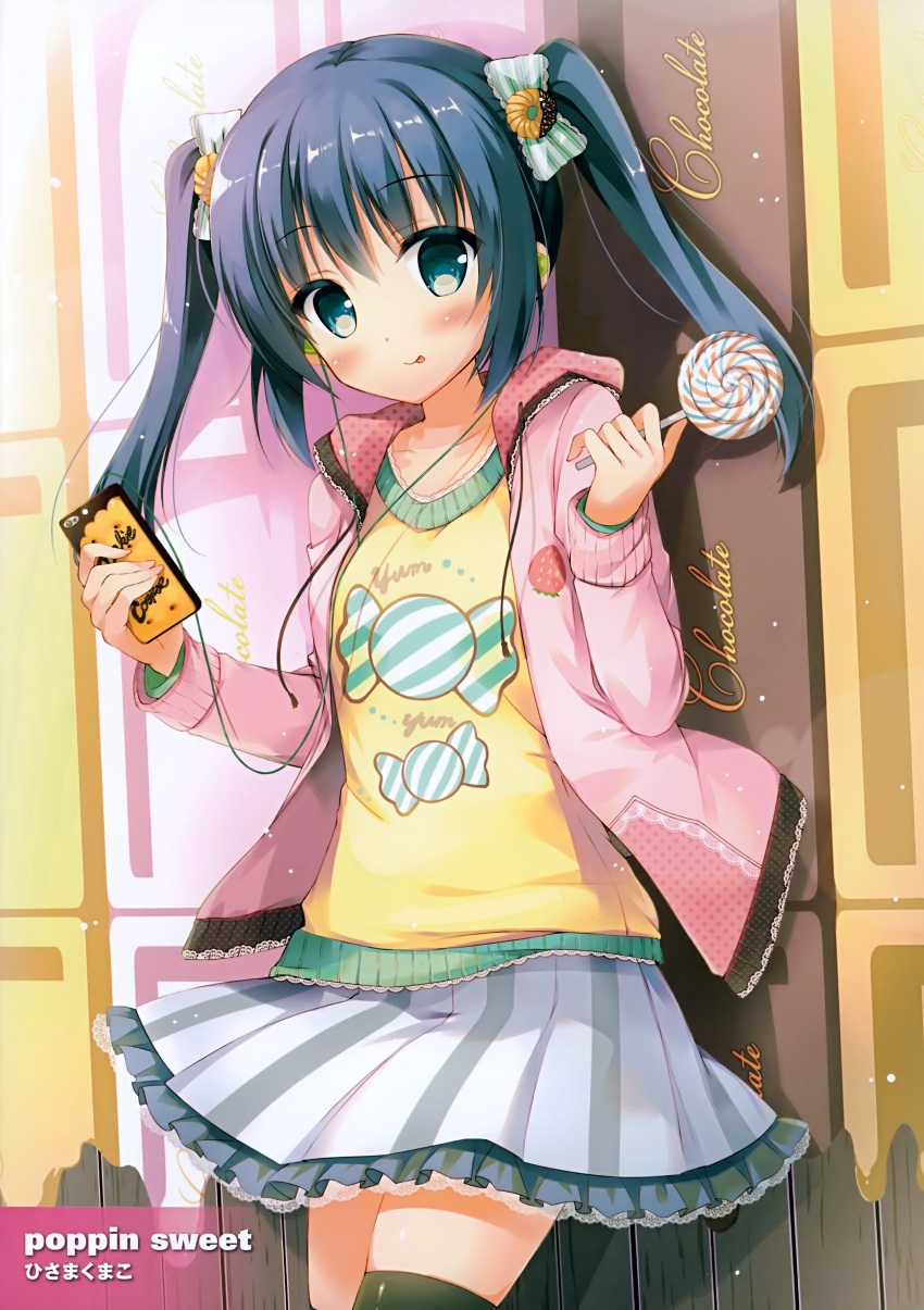 1girl :q absurdres artist_name black_legwear blush bow candy cellphone closed_mouth collarbone earphones earphones english food green_eyes green_hair hair_bow head_tilt highres hisama_kumako holding holding_food holding_phone hood hooded_jacket jacket lollipop long_hair long_sleeves open_clothes open_jacket original phone pleated_skirt scan shirt skirt smartphone smile solo strawberry_print swirl_lollipop thigh-highs tongue tongue_out twintails yellow_shirt