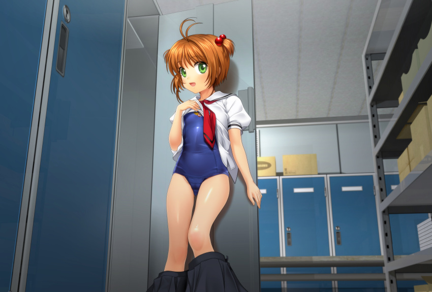 1girl :d absurdres antenna_hair blush brown_hair cardcaptor_sakura covered_navel green_eyes hair_bobbles hair_ornament hand_on_own_chest highres kinomoto_sakura locker_room looking_at_viewer mutsuki_(moonknives) neckerchief old_school_swimsuit one-piece_swimsuit open_mouth school_uniform shiny shiny_clothes shirt short_hair short_sleeves skirt skirt_pull small_breasts smile solo swimsuit swimsuit_under_clothes undressing