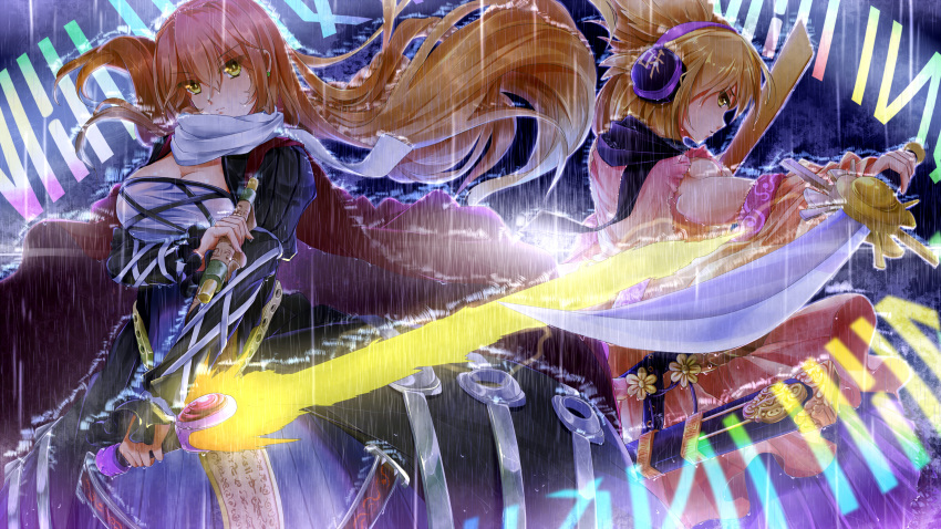 2girls back back-to-back bangs beads black_dress black_scarf breasts brown_hair cape cleavage closed_mouth cross-laced_clothes dress dual_wielding earmuffs eyebrows eyebrows_visible_through_hair floating_hair flower frown glowing glowing_sword glowing_weapon hair_between_eyes highres hijiri_byakuren holding holding_sword holding_weapon juliet_sleeves long_hair long_sleeves looking_at_viewer multicolored_hair multiple_girls ofuda pointy_hair prayer_beads profile puffy_sleeves rain ritual_baton scarf scroll shawl shirt sleeveless sleeveless_shirt sorcerer's_sutra_scroll sword touhou toyosatomimi_no_miko weapon wet white_scarf xuanlin_jingshuang yellow_eyes yellow_flower