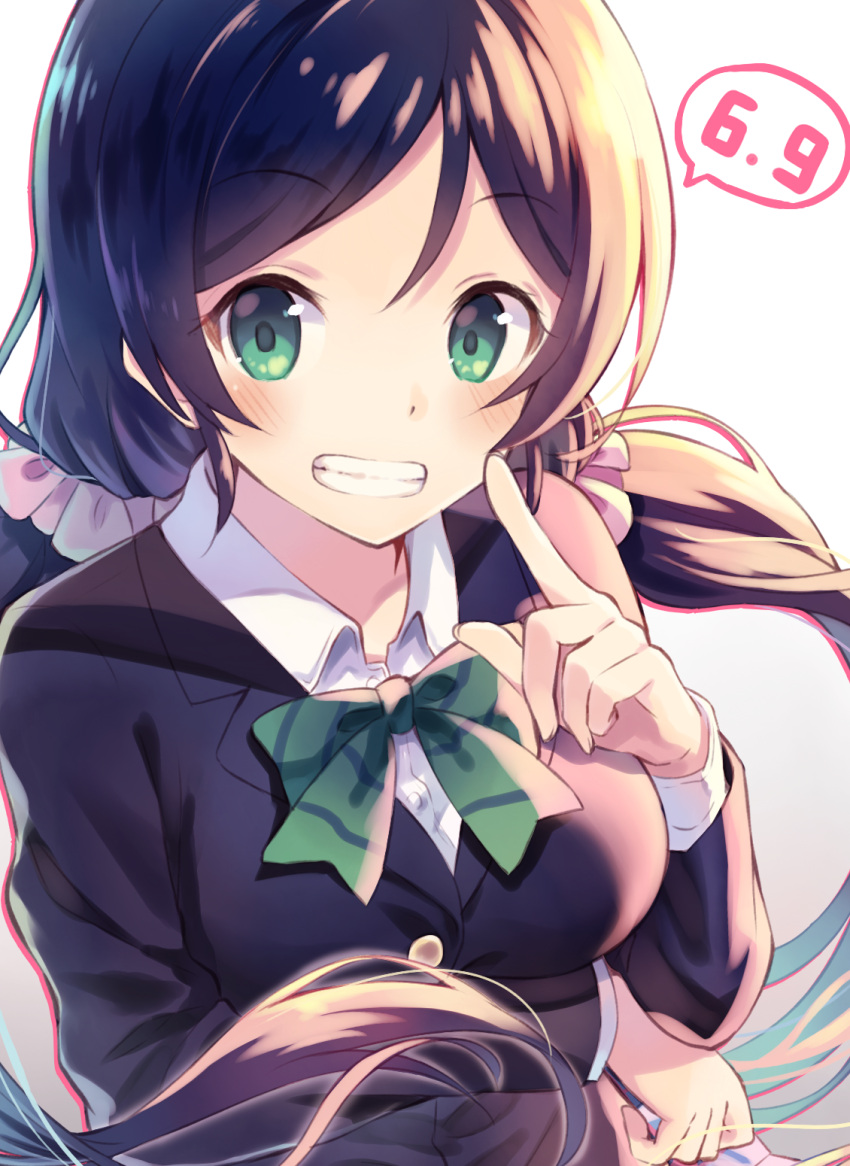 1girl :d black_hair black_jacket blazer blush bow bowtie breast_hold breasts buttons collared_shirt dated eyebrows eyebrows_visible_through_hair green_bow green_bowtie green_eyes grin hair_ornament hair_scrunchie hand_gesture highres jacket large_breasts long_hair long_sleeves looking_at_viewer love_live!_school_idol_project low_twintails nononon open_mouth scrunchie shirt simple_background smile solo striped striped_bow striped_bowtie tareme teeth toujou_nozomi twintails upper_body v white_background wing_collar